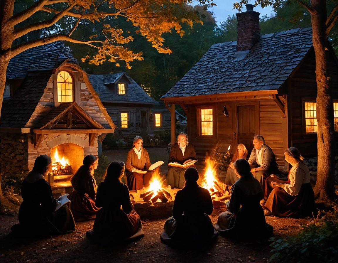 A captivating scene depicting an old-fashioned storyteller sharing tales by a cozy fire, surrounded by enchanted listeners in a serene Puritan village. The storyteller holds an ancient book, glowing with ethereal light, while shadows of inspiring moral tales dance around them. Traditional Puritan architecture in the background, with lush autumn foliage adding warmth. super-realistic. rich colors. atmospheric lighting.