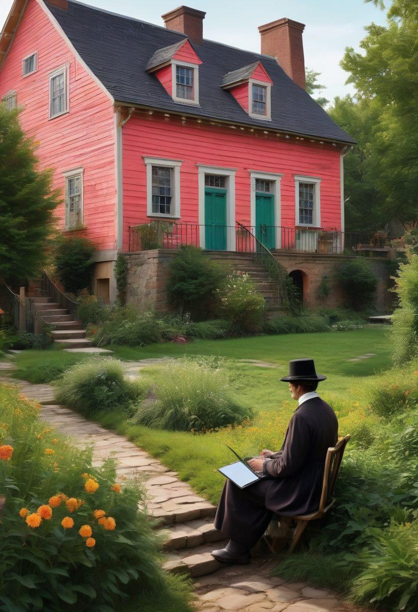 A vibrant juxtaposition of a traditional Puritan village, with classic colonial architecture, rich greenery, and figures in period attire, seamlessly merging into a modern digital landscape featuring laptops and content creation tools. The scene should symbolize the fusion of old values with new storytelling methods, showcasing elements like quills and digital devices side by side. Bright colors should depict the energy of modernity while earthy tones highlight the historical aspect. super-realistic. vibrant colors. digital art.